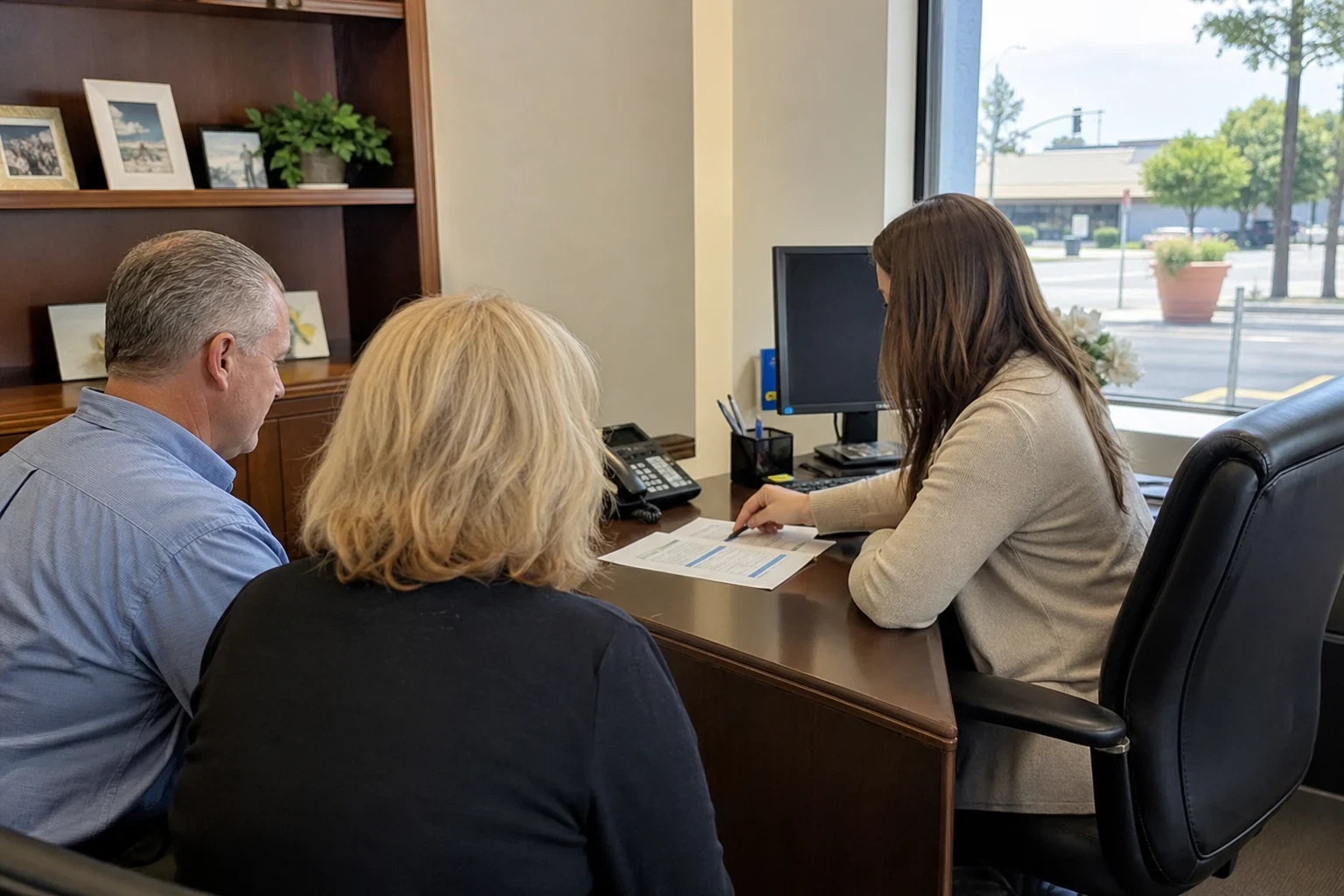 Agent at a wooden desk pointing to a printed sheet while a middle-aged couple looks on, with a bookshelf behind and a window onto a sunny street